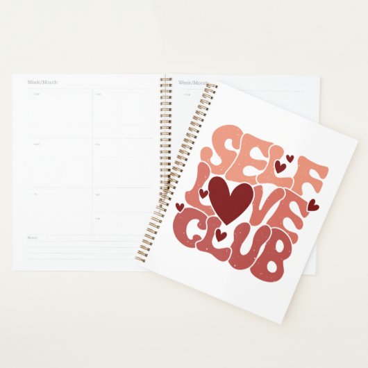 Wavy 70s Font "Self Love Club" Hearts Planner (Display)