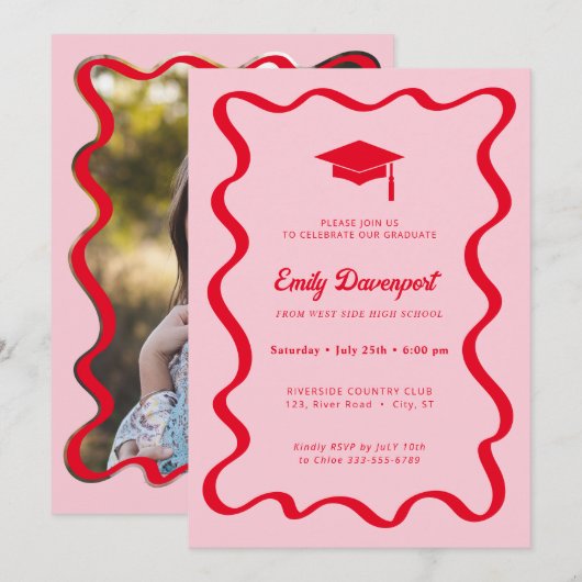 Wavy Afstuderen Invitation Foto op achteren Kaart (Voorkant / Achterkant)
