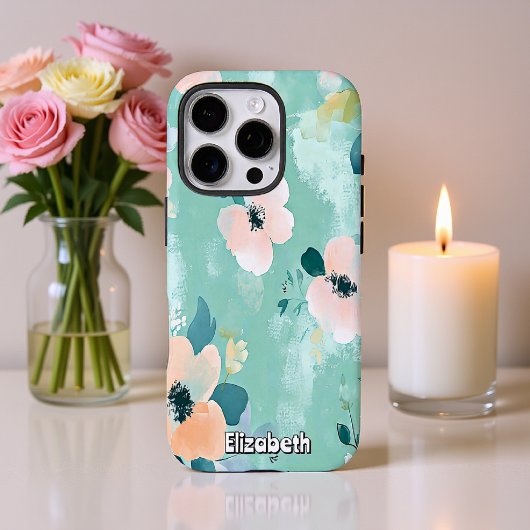 Wavy Blauwgroen en roze bloemen Case-Mate iPhone Case