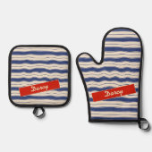 Wavy Blue en White Stripes Ovenwant & Pannenlap Set (Voorkant)
