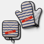 Wavy Blue en White Stripes Ovenwant & Pannenlap Set (Voorkant / Achterkant)
