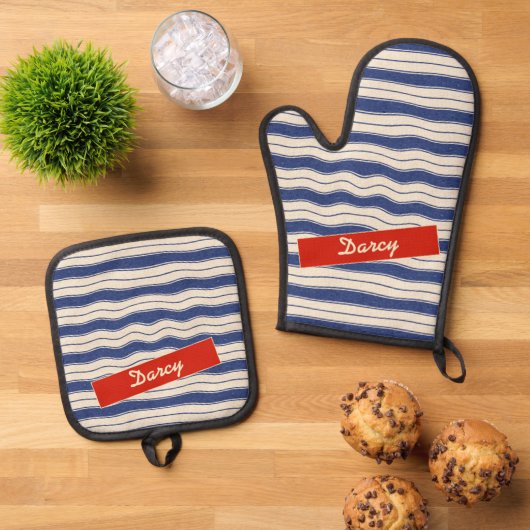 Wavy Blue en White Stripes Ovenwant & Pannenlap Set (Top down)
