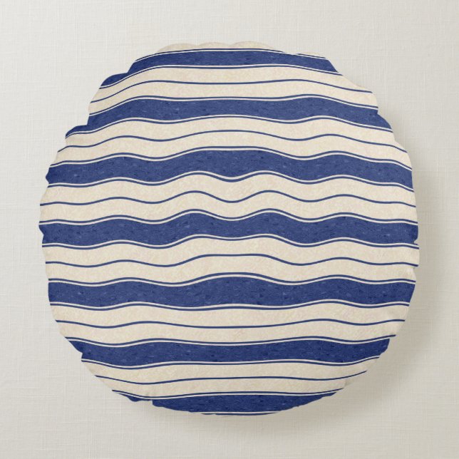 Wavy Blue en White Stripes Rond Kussen (Voorkant)