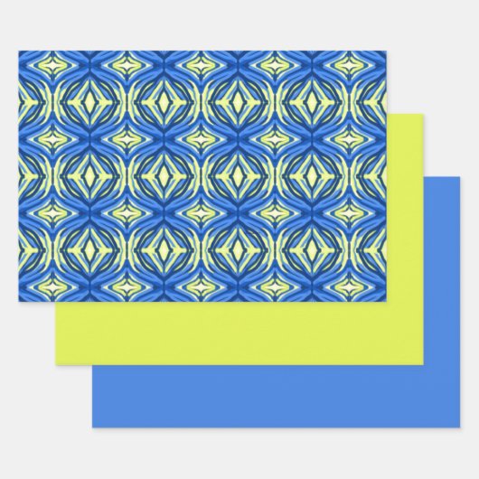 Wavy Blue en Yellow Kaleidoscope Inpakpapier Vel (Set)