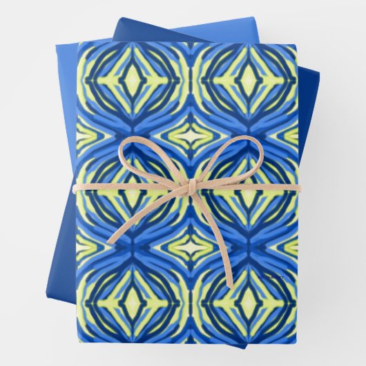 Wavy Blue en Yellow Kaleidoscope Inpakpapier Vel (In situ)