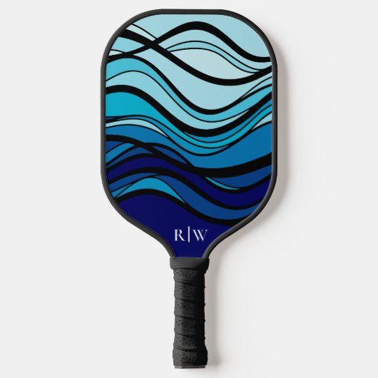 Wavy blue geometrisch grafisch monogram pickleball paddle (Voorkant)
