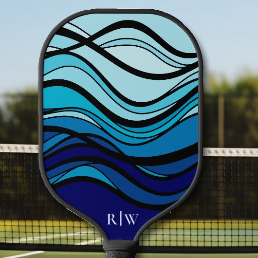 Wavy blue geometrisch grafisch monogram pickleball paddle