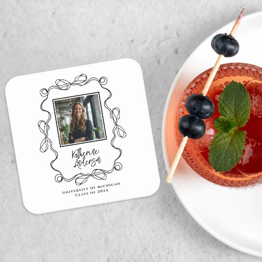 Wavy Border Bow Black Photo Graduation Party Kartonnen Onderzetters