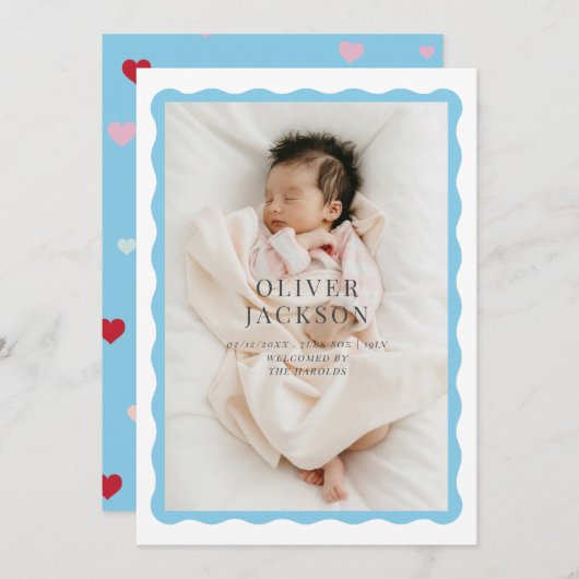 Wavy border schattig ontwerp voor een baby boy aankondiging (Voorkant / Achterkant)