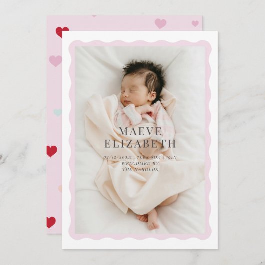 Wavy border schattig ontwerp voor een baby meisje aankondiging (Voorkant / Achterkant)