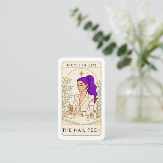 Wavy Cosmic Paarse Hair Nail Tech Social Media QR Visitekaartje (Staand voorkant)