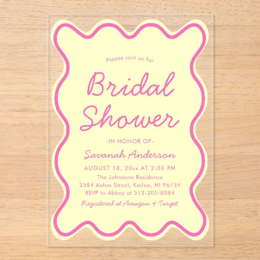 Wavy Curvy Bold Roze en Geel Vrijgezellenfeest Acryl Uitnodigingen (Voorkant)