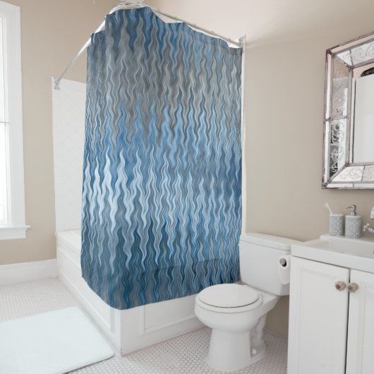 Wavy Curvy Navy Blue Silver Gray Pattern Douchegordijn (In situ)