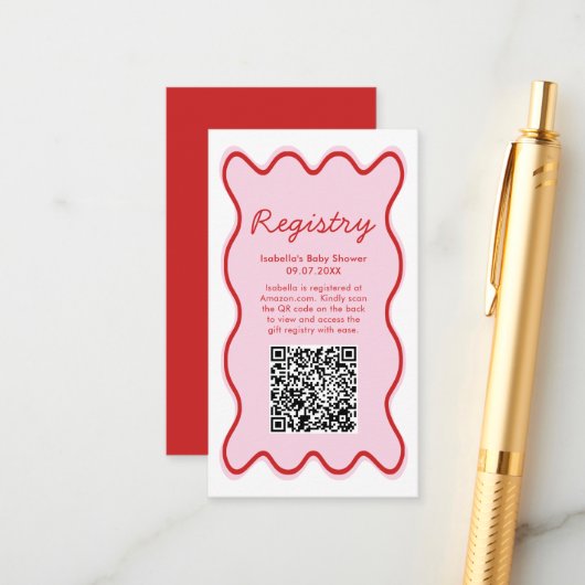 Wavy Curvy Pink Red Baby shower Registry QR-code Informatiekaartje (Voorkant / Achterkant in situ)