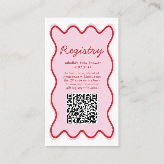 Wavy Curvy Pink Red Baby shower Registry QR-code Informatiekaartje (Voorkant)