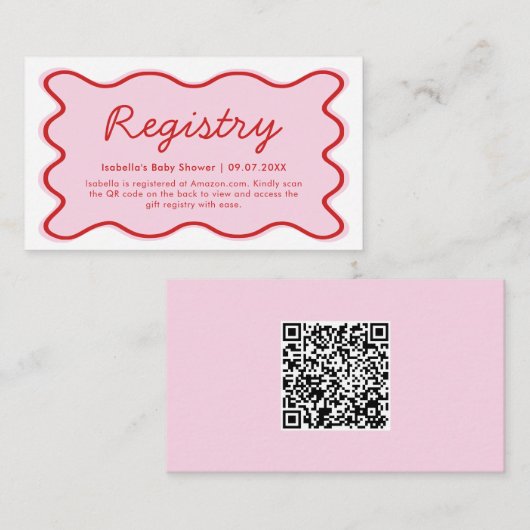 Wavy Curvy Pink Red Baby shower Registry QR-code Informatiekaartje (Voorkant / Achterkant)