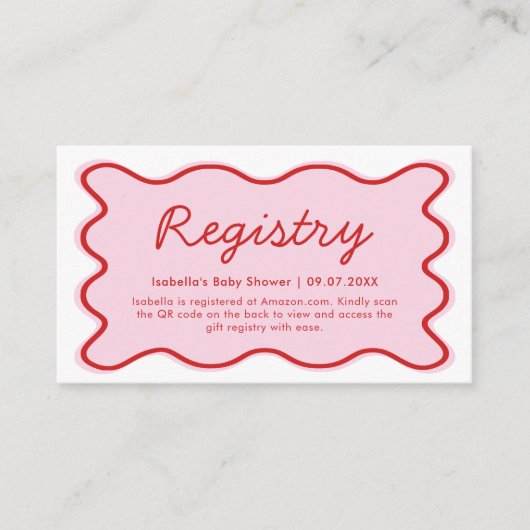 Wavy Curvy Pink Red Baby shower Registry QR-code Informatiekaartje (Voorkant)