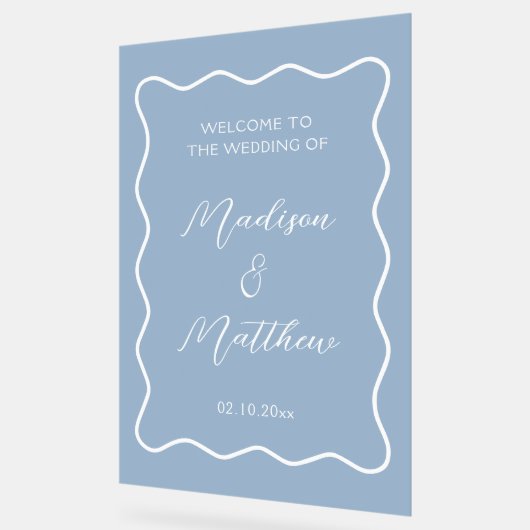 Wavy Dusty Blue Wedding Welkom Acryl Bord (Hoek)