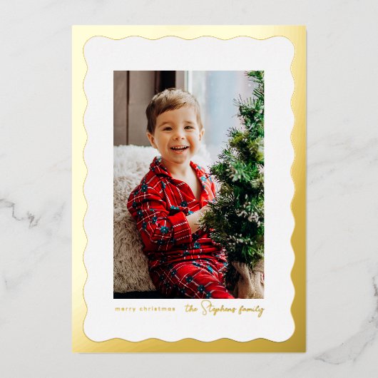 Wavy edge lijst eenvoudige gouden kerstfoto folie feestdagenkaart (Voorkant)