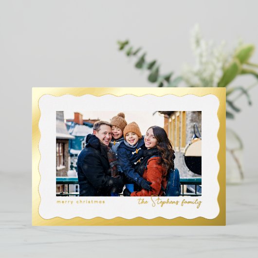 Wavy edge lijst moderne kerstfoto folie feestdagenkaart (Staand Voorkant)