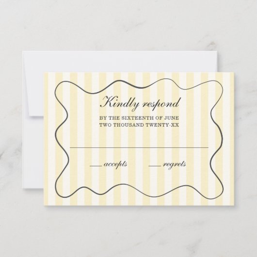 Wavy Frame Soft Yellow Striped Wedding  RSVP Kaartje (Voorkant)
