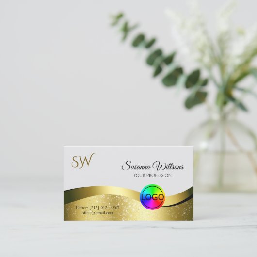 Wavy Gold Decor op lichtgrijs Logo Monogram Foto Visitekaartje (Staand voorkant)