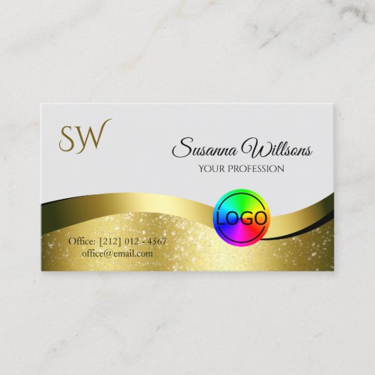 Wavy Gold Decor op lichtgrijs Logo Monogram Foto Visitekaartje (Voorkant)