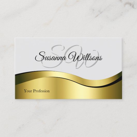 Wavy Gold Decor op lichtgrijs met Initialen Classy Visitekaartje (Voorkant)