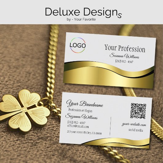 Wavy Gold Decor op lichtgrijs met Logo QR-code Visitekaartje
