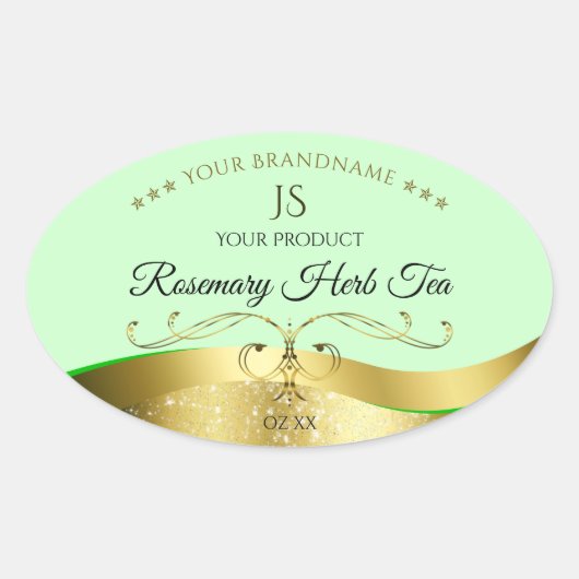 Wavy Gouden Glamour Decor Lichtgroen Monogram Labe Ovale Sticker (Voorkant)