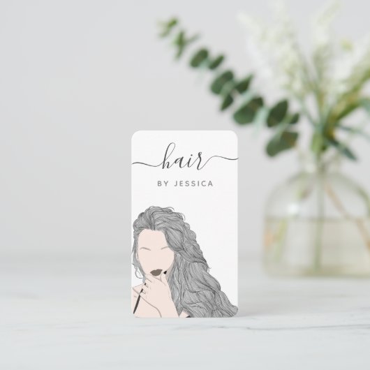  Wavy Grey Hairstyle Girl Illustration Logo Visitekaartje (Staand voorkant)