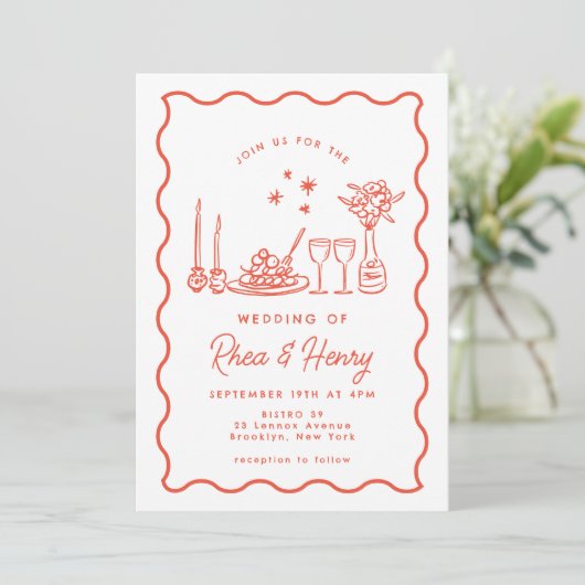 Wavy grillige Italiaanse doedel bruiloft diner Kaart (Staand voorkant)