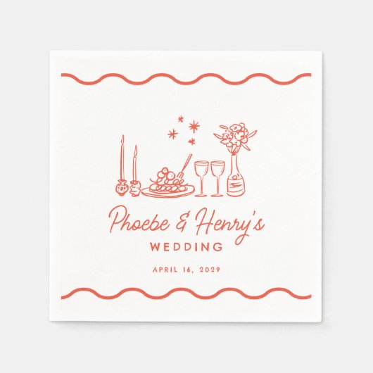 Wavy grillige Italiaanse Pasta Doodle bruiloft Servet (Voorkant)