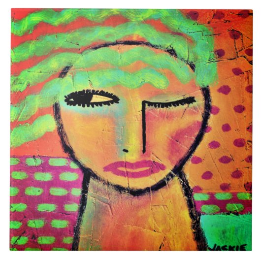 Wavy Groen Haar Abstract Portret van een Vrouw Tegeltje (Voorkant)