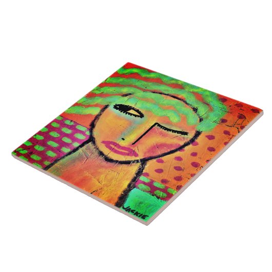 Wavy Groen Haar Abstract Portret van een Vrouw Tegeltje (Zijkant)