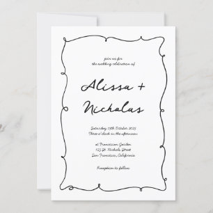 Wavy Hand Getrokken Rand & Script Monogram Huwelij Kaart