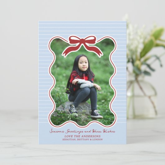 Wavy Lijst Bow Pinstripe Holiday Kaart Christmas (Staand voorkant)