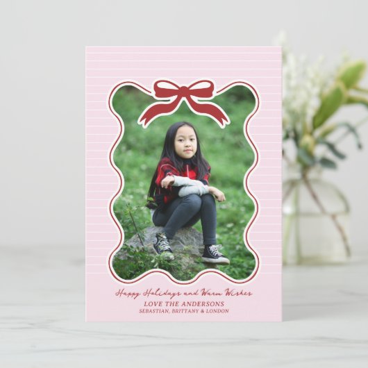 Wavy Lijst Bow Pinstripe Holiday Kaart Christmas (Staand voorkant)