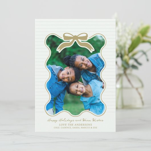 Wavy Lijst Bow Pinstripe Holiday Kaart Christmas (Staand voorkant)