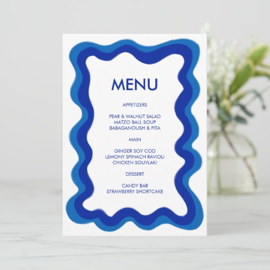 Wavy Lijst Modern Chic Blue Custom Bar Bat Mitzvah Menu (Staand voorkant)