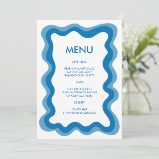 Wavy Lijst Modern Chic Blue Custom Bar Bat Mitzvah Menu (Staand voorkant)