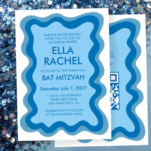 Wavy Lijst Modern Custom QR CODE Bar Bat Mitzvah Kaart
