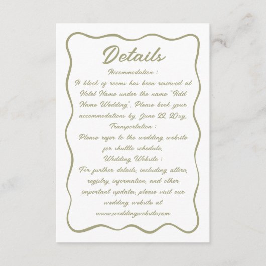 Wavy Lijst Script Wit Licht Olijfgroen Informatiekaartje (Voorkant)