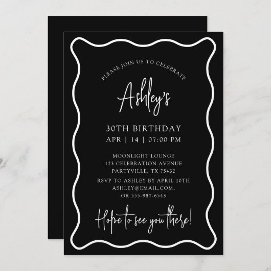 Wavy lijst, Wavy Border, Uitnodiging voor verjaard (Voorkant / Achterkant)