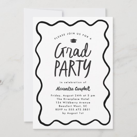 Wavy Lijst Zwart Wit Hand getrokken Graduation Par Kaart (Voorkant)