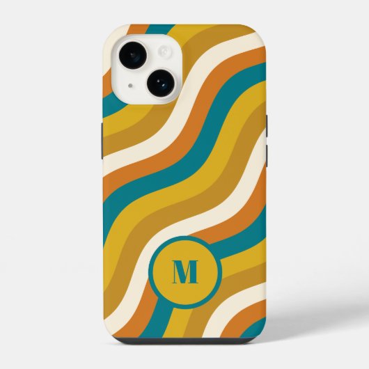 Wavy Lines Retro Stripe Pattern Blauwgroen Oker In iPhone Hoesje (Achterkant)