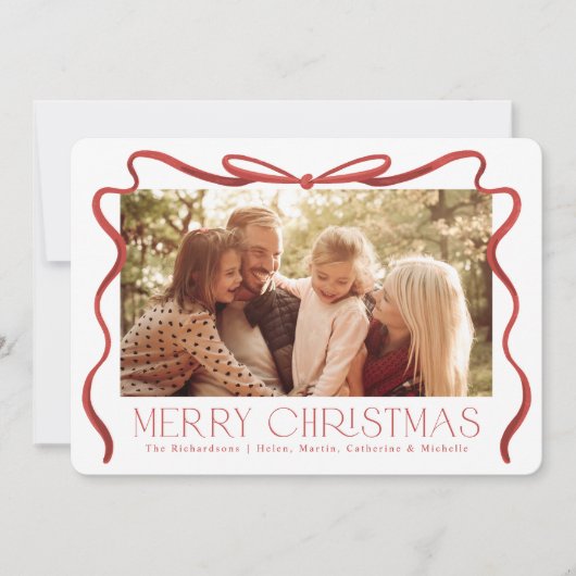 Wavy lint rood en wit kerstfoto feestdagenkaart (Voorkant)