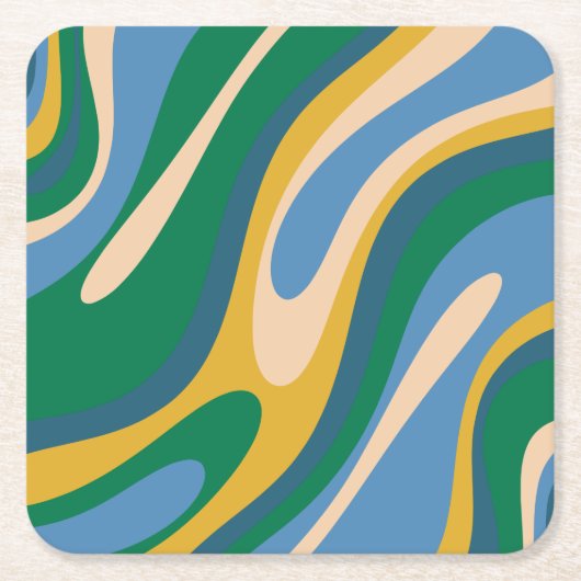 Wavy Loops Retro Abstract Patroon Blauw Groen Kartonnen Onderzetters (Voorkant)