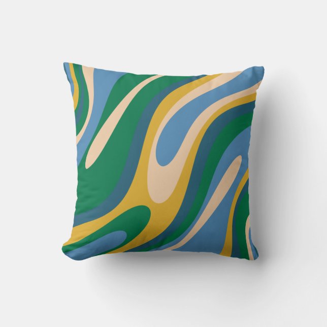 Wavy Loops Retro Abstract Patroon Blauw Groen Kussen (Voorkant)