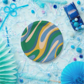 Wavy Loops Retro Abstract Patroon Blauw Groen Papieren Bordje (Feest)